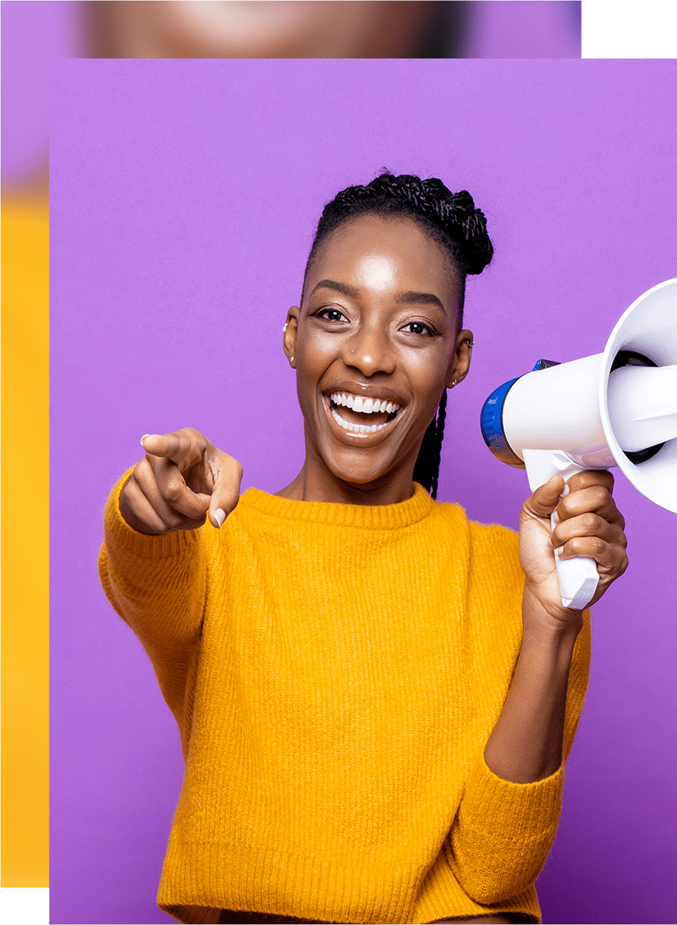 A person in a yellow sweater smiling, holding a megaphone, and pointing against a purple background. The vibe is energetic and engaging.
