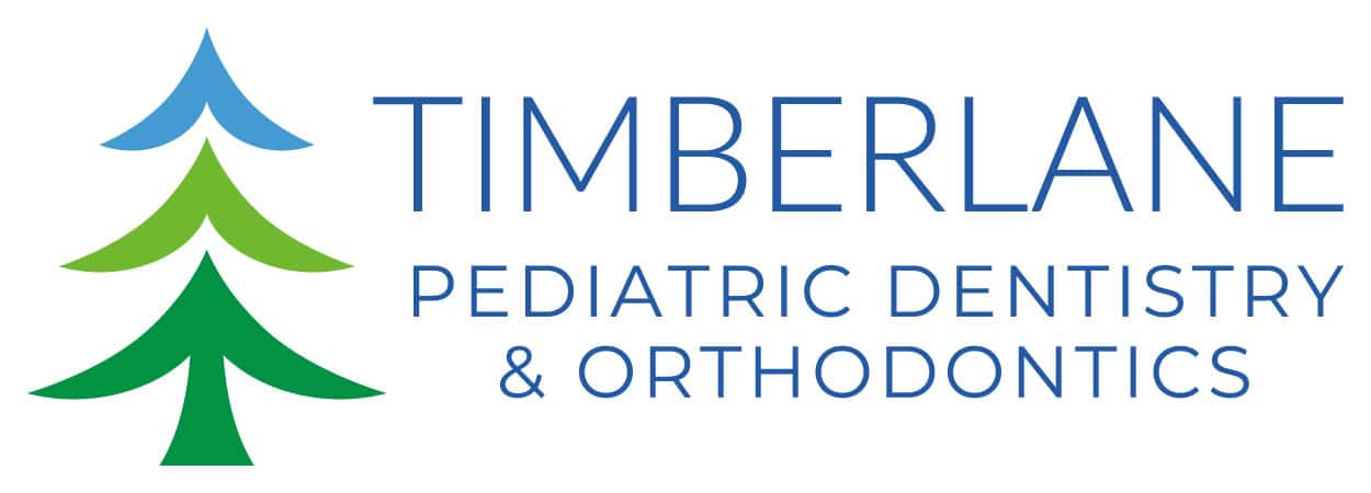 Logo of Timberlane Pediatric Dentistry & Orthodontics, featuring a stylized tree made with blue and green shapes. Clean and professional design.