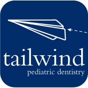 Navy blue logo featuring a white paper airplane and text "tailwind pediatric dentistry" beneath. Simple, modern design for children's dental practice.