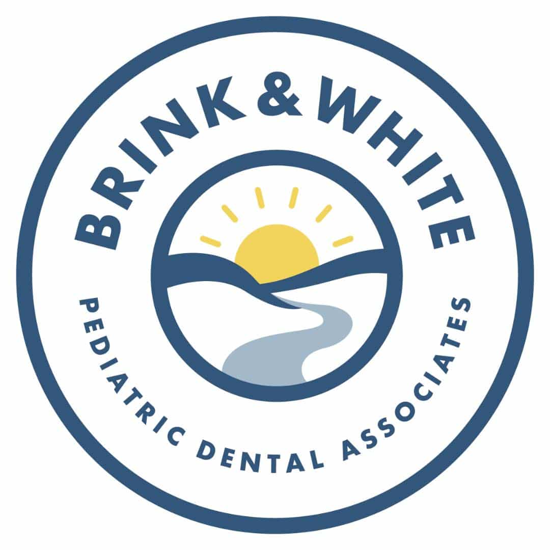 Circular logo with a sun rising over hills, a winding path, and text: "Brink & White Pediatric Dental Associates." Blue and yellow theme.